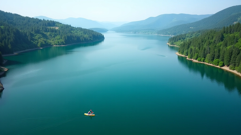 Aerial view of Lipno Lake showing different bays and shorelines with forested surroundings