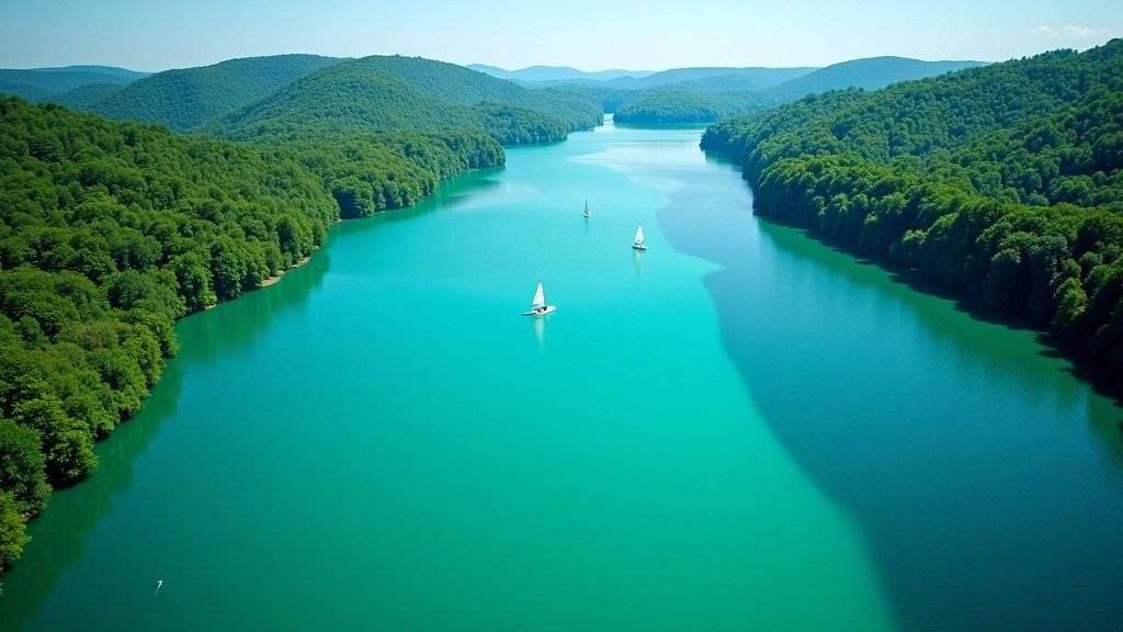 Stunning aerial view of a Czech reservoir with clear blue water and forested shores
