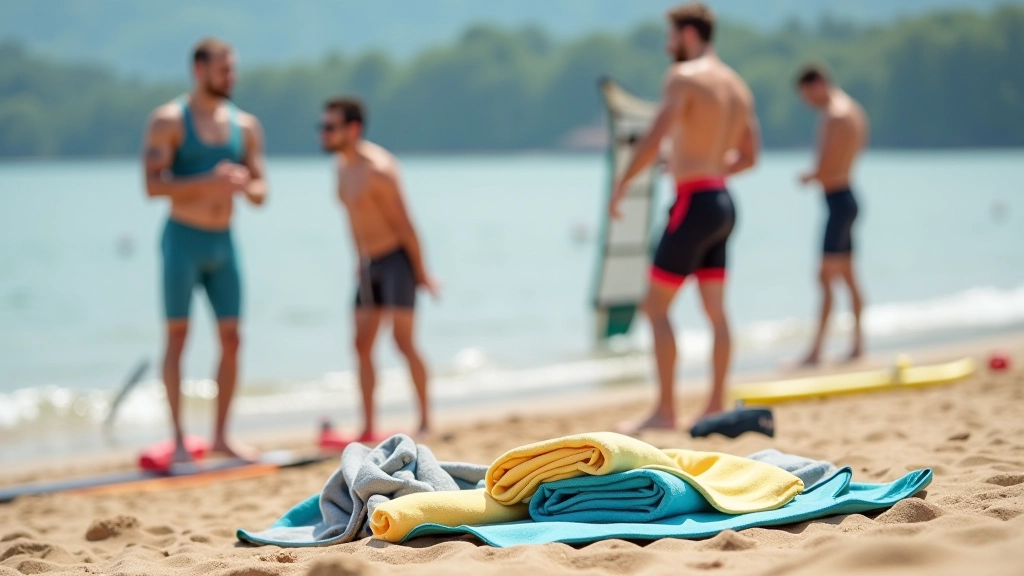 Swimmers preparing on beach with towels and warm clothing visible, stretching and getting ready to enter water
