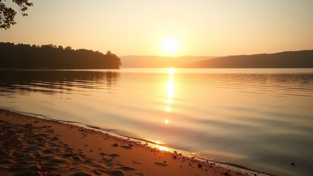 Calm morning at Máchovo jezero with golden sunrise light reflecting on clear water and sandy beach