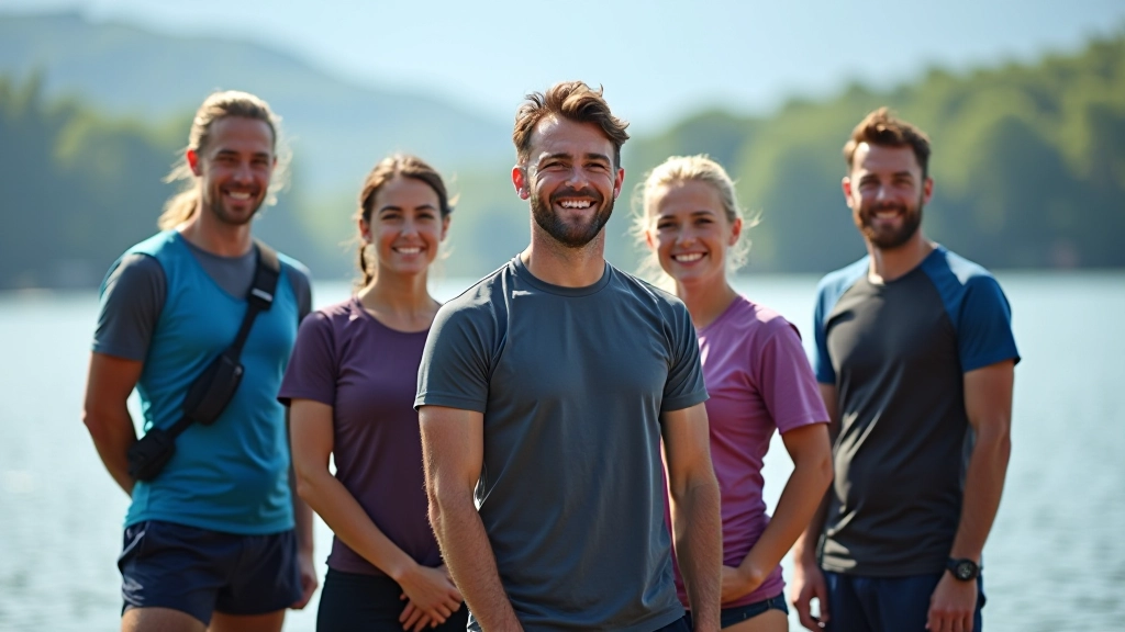 Professional team of water sports instructors posing together at lakeside location with clear sky and calm water