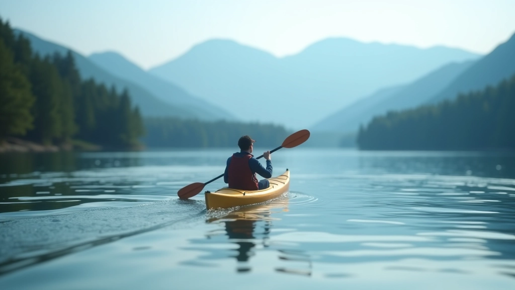 Kayaker paddling on Czech reservoir with scenic landscape