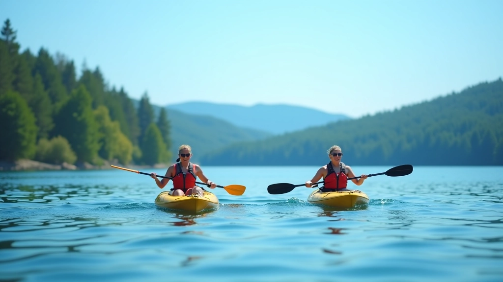 Two kayakers paddling on scenic Czech reservoir surrounded by forested shoreline and hills