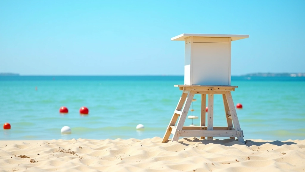 Lifeguard station on beach with clear view of lake water and marked swimming area with buoys