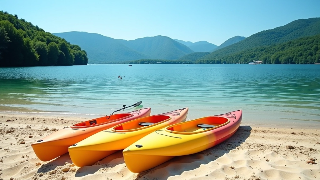 Kayaker launching from sandy beach access point, clear water, multiple boats visible, forested hills background, summer conditions