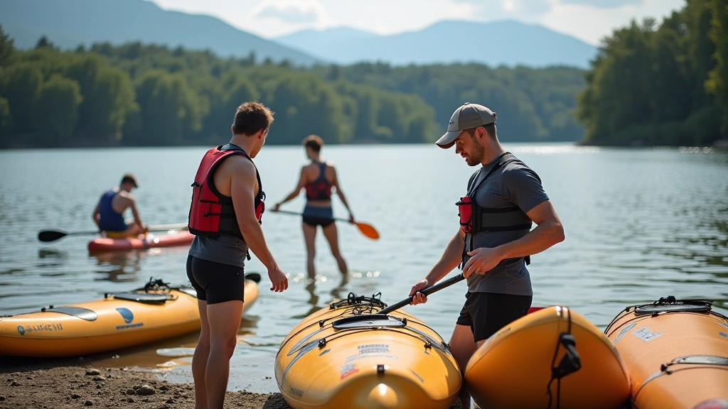 Group of water sports enthusiasts preparing equipment on lake shore
