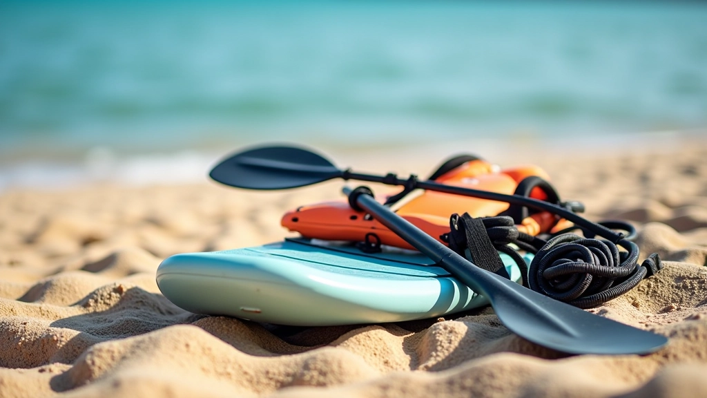 Close-up of paddleboard equipment laid out on sandy beach with paddle and personal flotation device