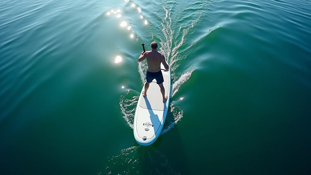 Overhead view showing paddleboarder executing proper paddle stroke technique with correct arm and core rotation