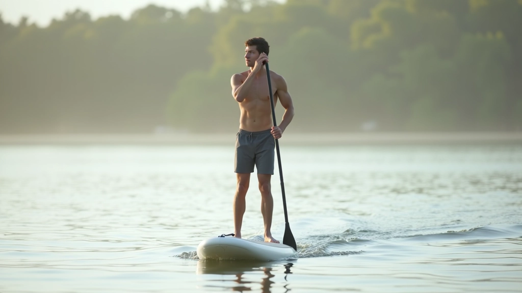 Instructor demonstrating proper standing posture on paddleboard in shallow water at Orlík reservoir