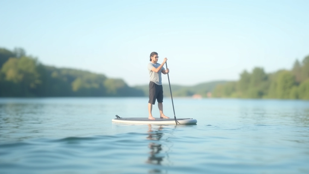 Paddleboarder on Orlík Reservoir with paddle and board