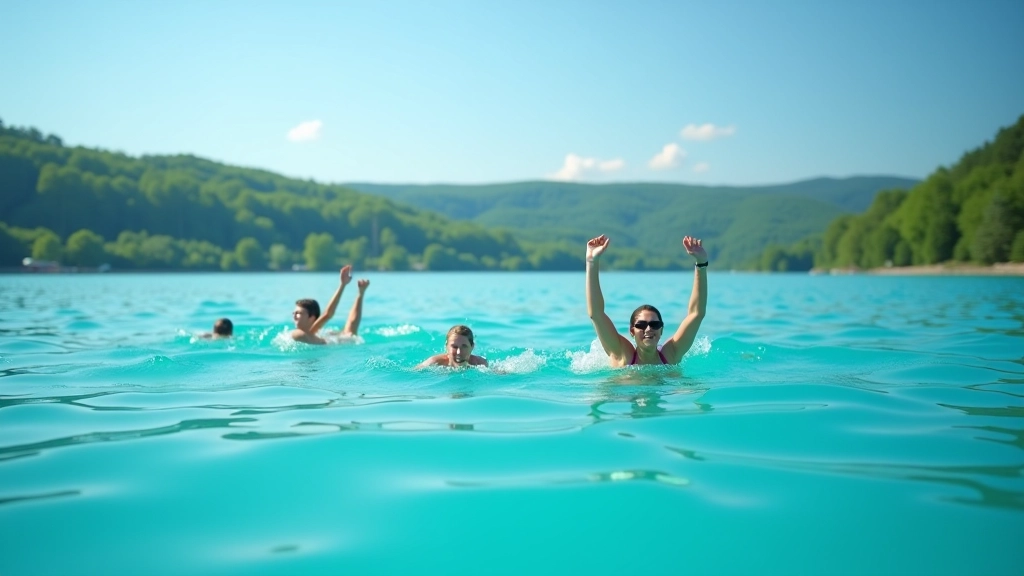 Group of swimmers enjoying clear water at Máchovo jezero lake on sunny summer day