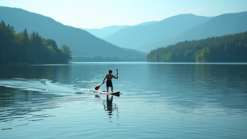 Paddleboarder standing on board at Orlík reservoir with mountain backdrop and calm water