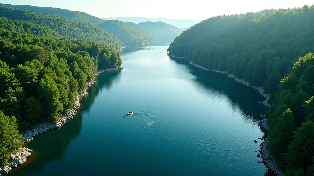Scenic overhead view of blue reservoir surrounded by dense forest, steep rocky shoreline, morning mist over calm water