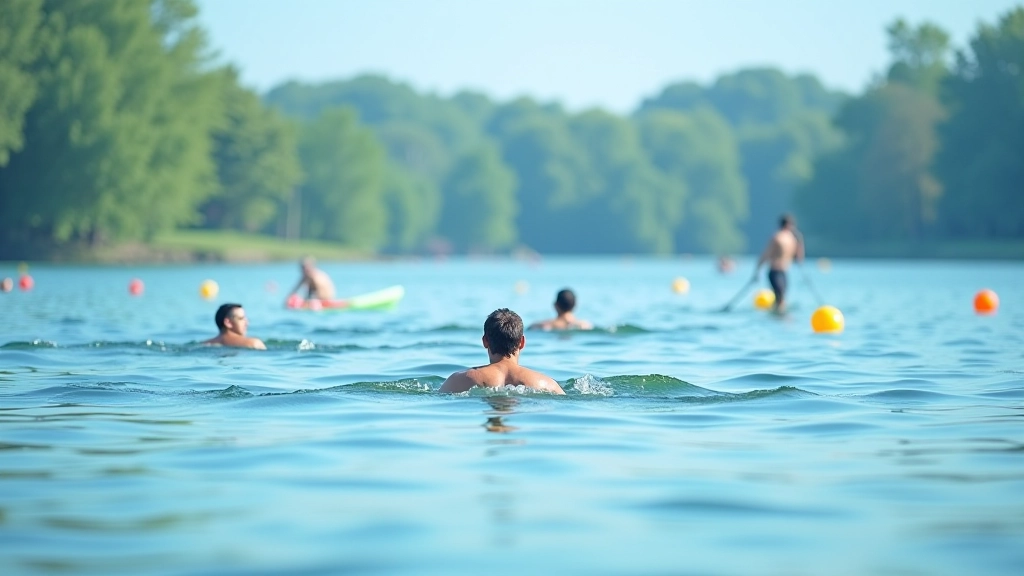Multiple swimmers of different skill levels practicing in designated swimming area with buoy markers