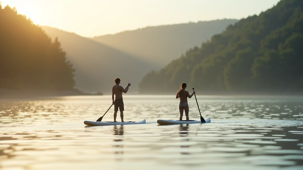 Two paddleboarders practicing on Orlík reservoir with forested hills in background during golden hour