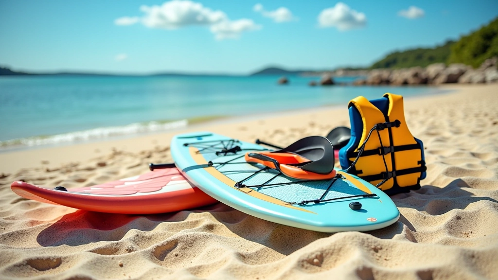 Water sports equipment laid out at lakeside with clear blue water in background