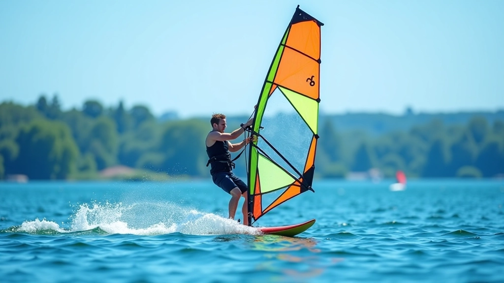 Professional windsurfer riding waves on Lipno Lake with blue water and clear sky