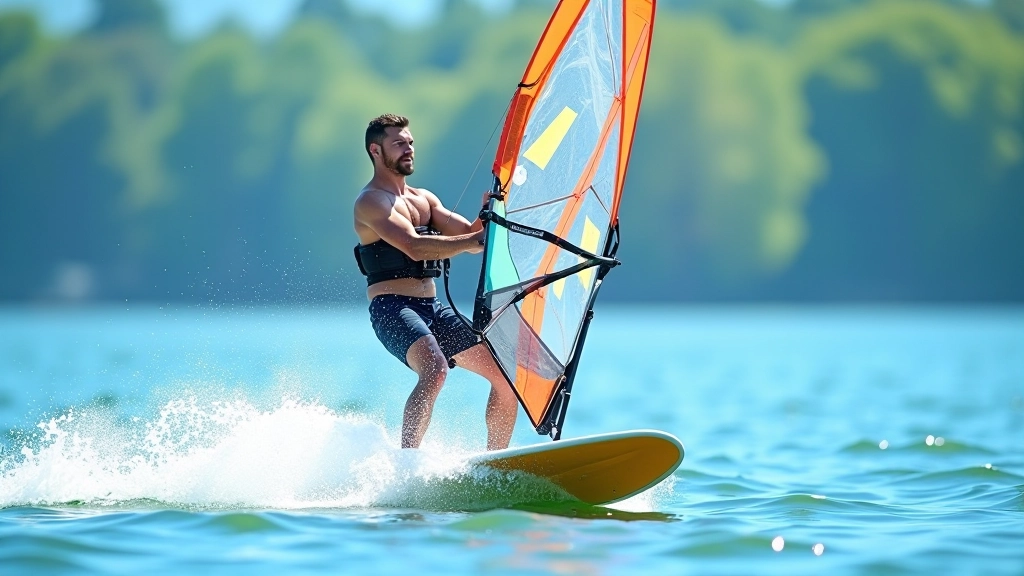 Skilled windsurfer executing techniques on open water with colorful equipment
