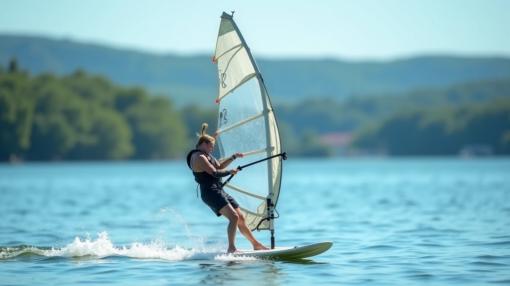 Windsurfer on Lipno Lake with blue water and forested shores