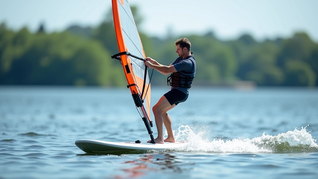 Windsurfer demonstrating proper stance on board with sail angled correctly