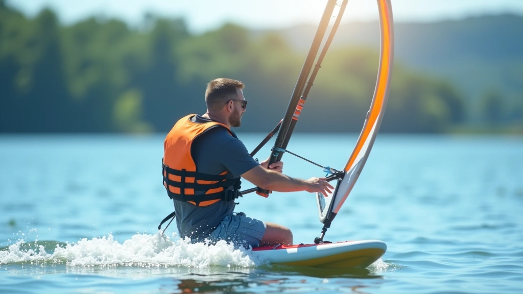 Windsurfer wearing bright life jacket on Lipno Lake with safety gear properly fitted