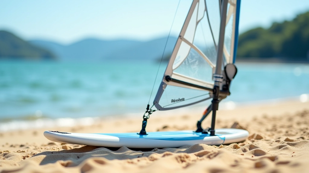 Windsurfing board with sail and boom displayed on beach sand with lake in background